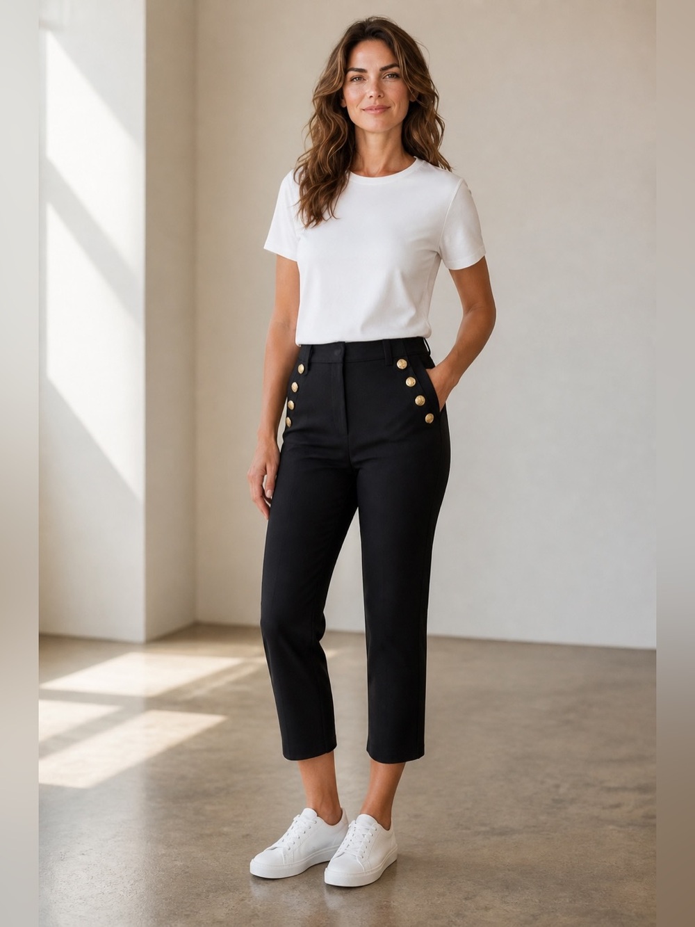 White House Black Market Black Cropped Sailor Pants with Gold Buttons